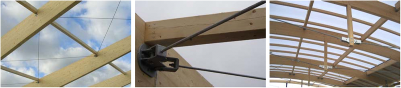 Stahl-Windverband sowie Anschluss an Holztragwerk; Stahl-Unterspannung eines Bogenträgers aus Brettschichtholz