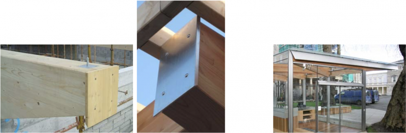 Konstruktive Holzschutzmaßnahmen: Abdeckung der Stirnfläche durch Holzwerkstoffe oder Verblechung; Verblechung des außen liegenden Brettschichtholzträgers