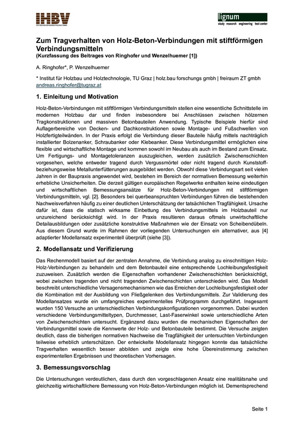 Zum Tragverhalten von Holz-Beton-Verbindungen mit stiftförmigenVerbindungsmitteln